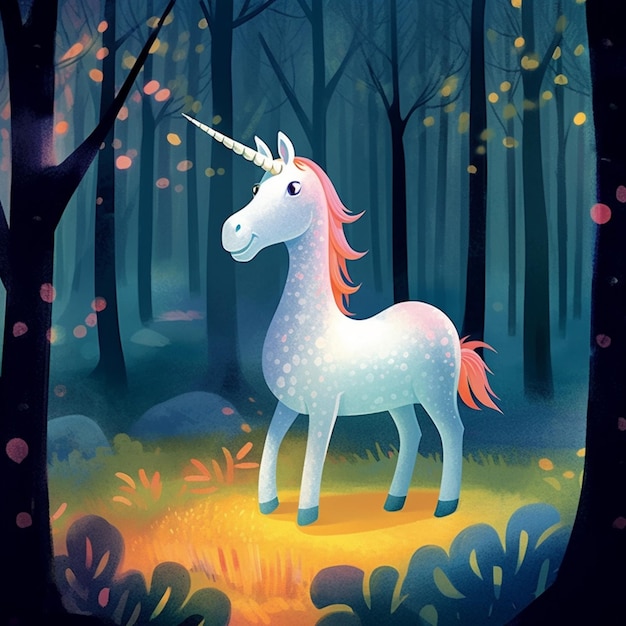 There is a unicorn standing in the woods with trees generative ai