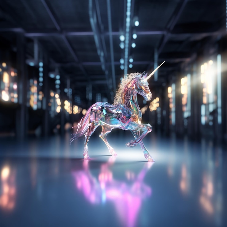 Photo there is a unicorn statue that is standing in a room generative ai