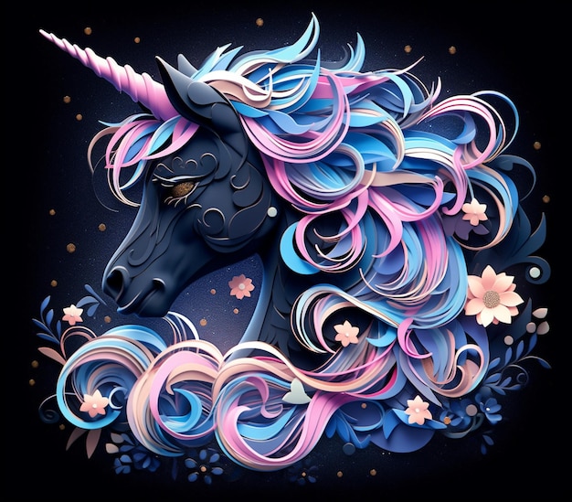 Photo there is a unicorn with a long mane and a flower on it generative ai