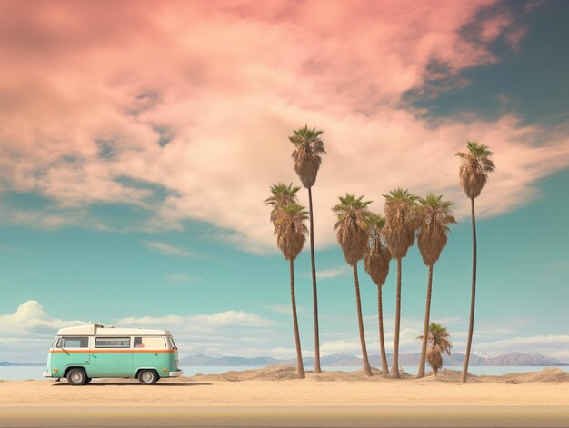 There is a van parked on the beach with palm trees generative ai