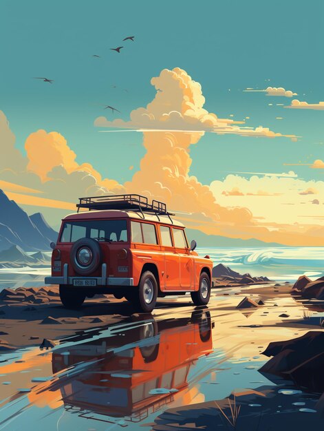 there is a van that is parked on the beach by the water generative ai