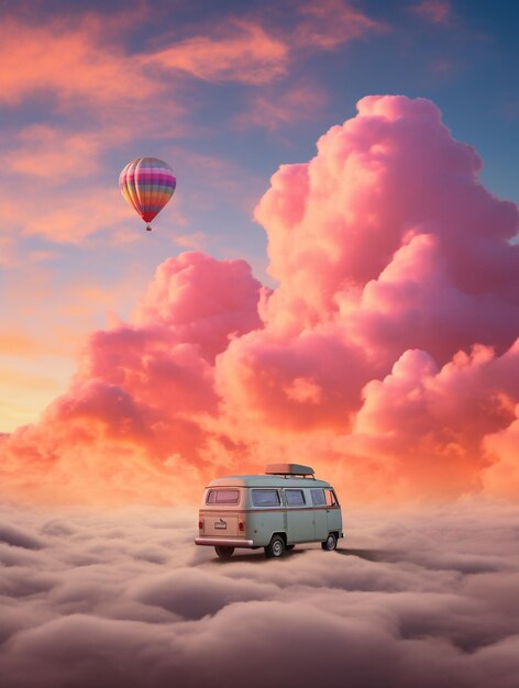 Photo there is a van that is sitting in the clouds with a hot air balloon generative ai