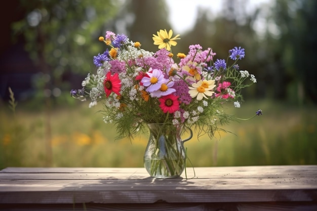 there is a vase of flowers sitting on a table outside generative ai