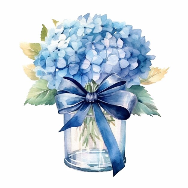 there is a vase with blue flowers and a blue ribbon generative ai