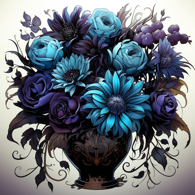 青い花と紫の花が入った花瓶があります 生成 AI