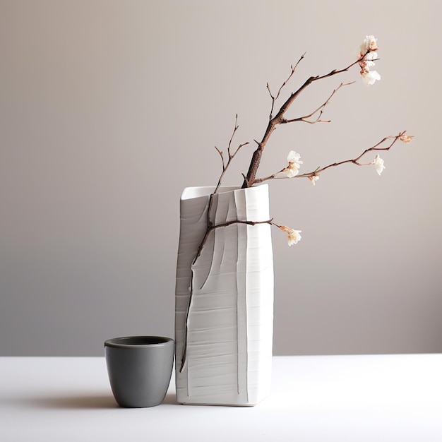 there is a vase with a branch in it and a cup generative ai