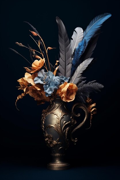 Premium AI Image  A vase of white feathers is holding a bunch of flowers.