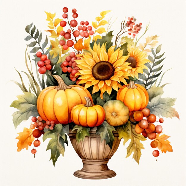 Photo there is a vase with a bunch of flowers and pumpkins generative ai