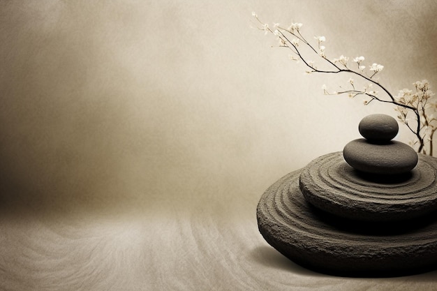 Foto there is a vase with a flower and a stack of rocks generative ai