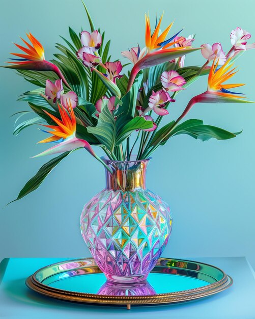 there is a vase with flowers in it on a tray generative ai