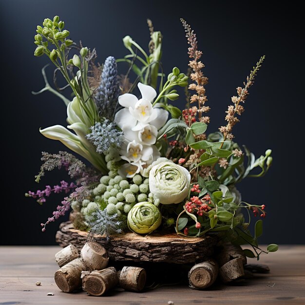 Foto c'è un vaso con fiori e altre piante su un tavolo generativo ai