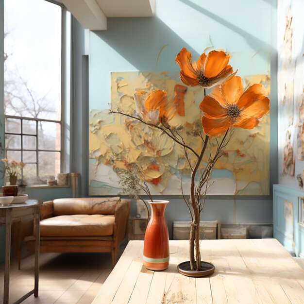 Photo there is a vase with flowers on a table in a room generative ai