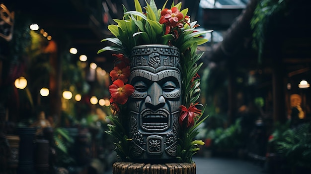 Photo there is a vase with flowers and a tiki statue on it generative ai