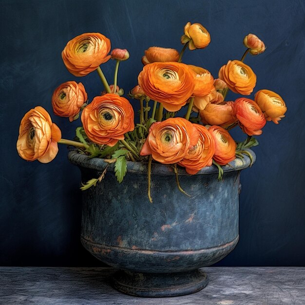 There is a vase with orange flowers in it on a table generative ai