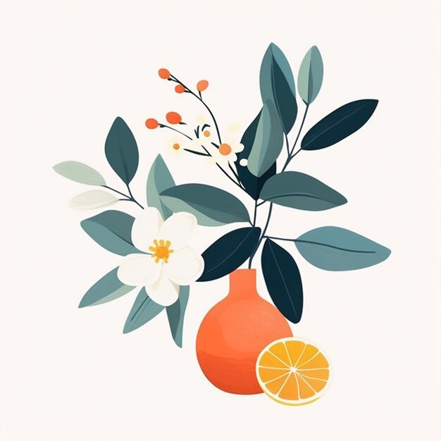 Photo there is a vase with oranges and leaves on it generative ai