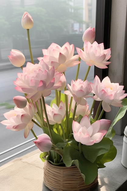 窓枠にピンクの花が入った花瓶があります 生成 AI