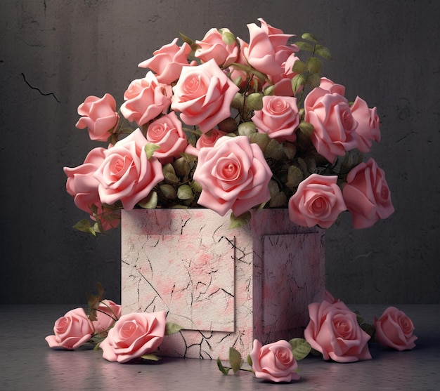 there is a vase with pink roses in it on a table generative ai