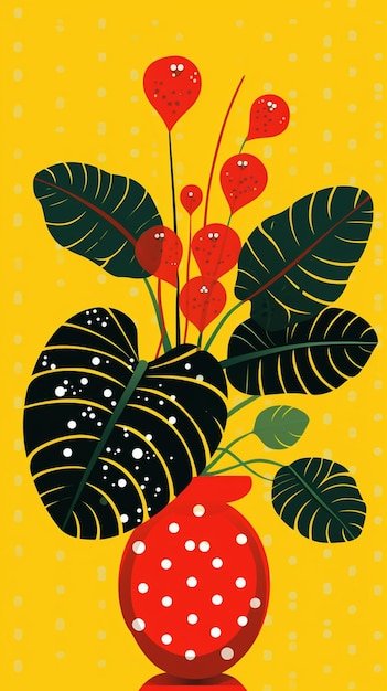 There is a vase with a plant in it on a yellow background generative ai