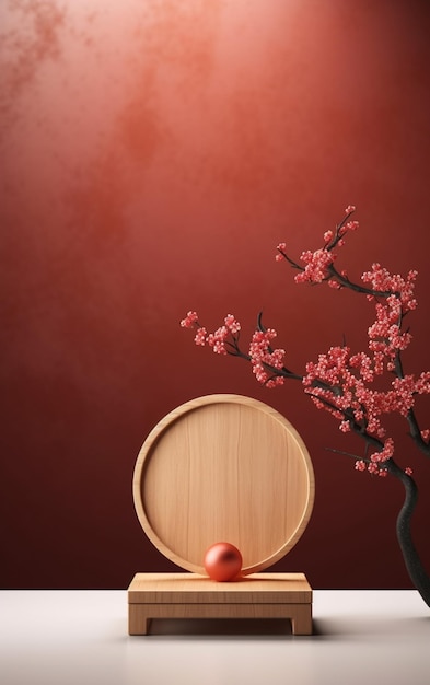 There is a vase with a red ball on a wooden stand generative ai