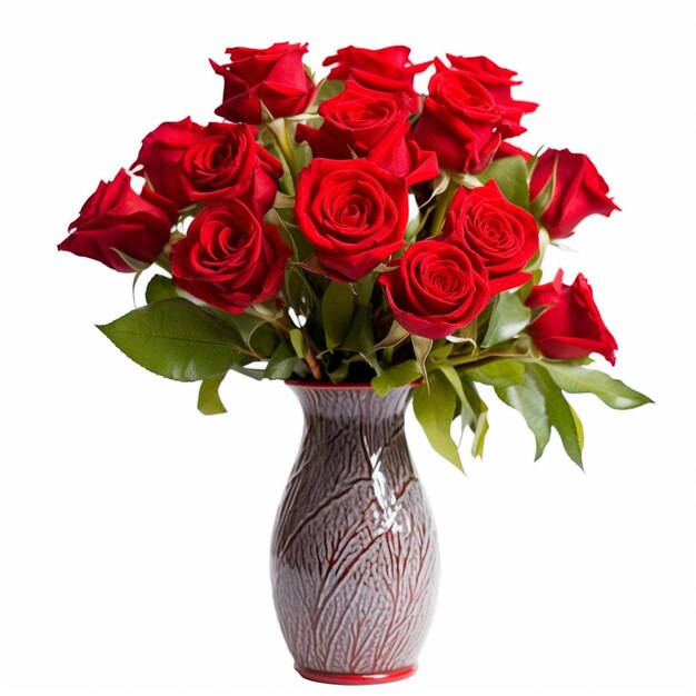 There is a vase with red roses in it on a white background generative ai