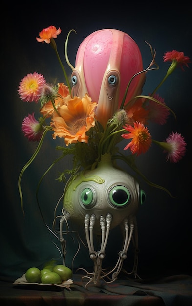 There is a vase with a strange looking face and flowers in it generative ai