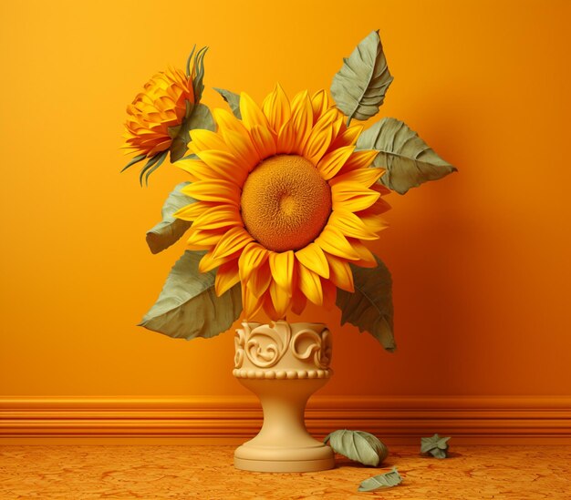 There is a vase with a sunflower and leaves in it generative ai