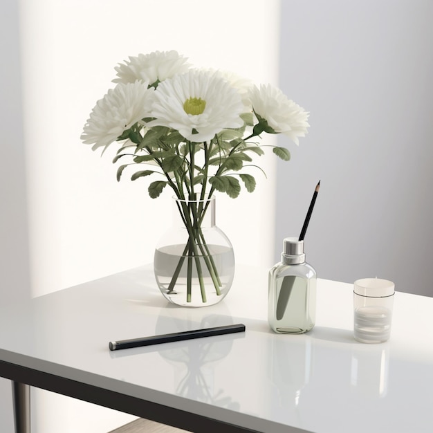 Photo there is a vase with white flowers and a pen on a table generative ai
