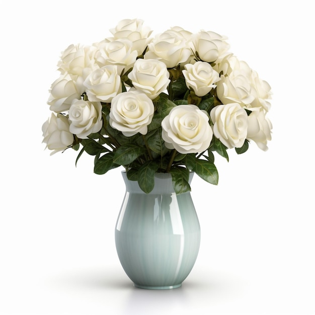 There is a vase with white roses in it on a white background generative ai