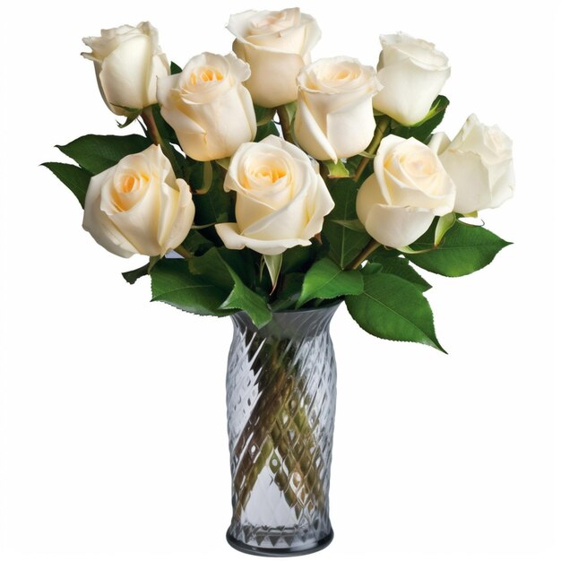 There is a vase with white roses in it on a white background generative ai