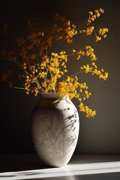 there is a vase with yellow flowers in it on a table generative ai