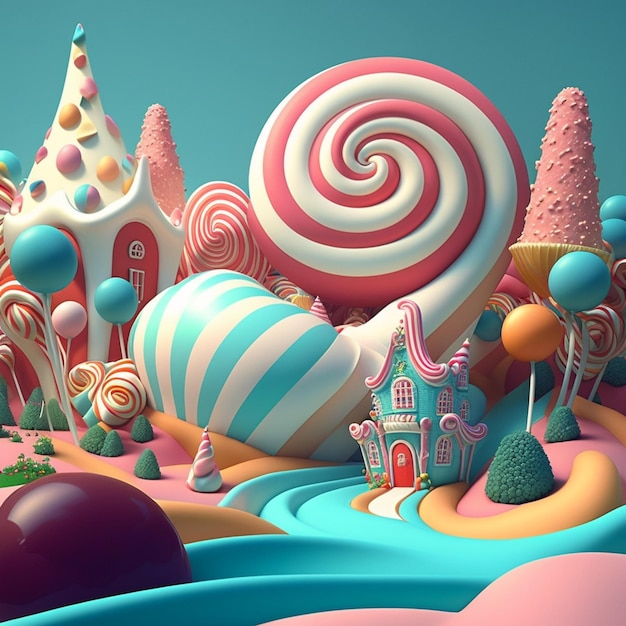 There is a very colorful candy land with a lot of candy ai generative