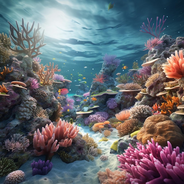 Там очень красочный коралловый риф с множеством различных видов рыб.