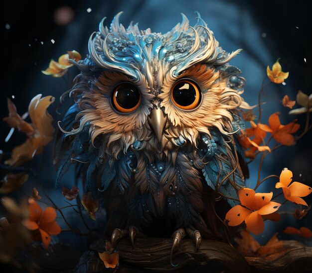 there is a very cute owl sitting on a branch with flowers generative ai