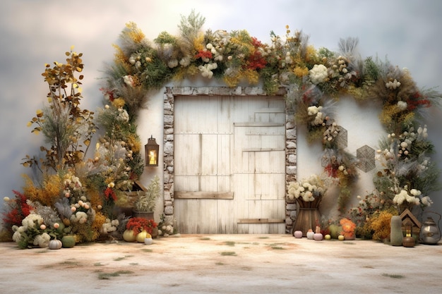 大きなドアがあり花と植物の束が並んでいます