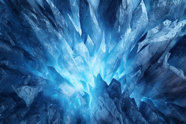 There is a very large ice cave with a blue light coming out of it generative ai