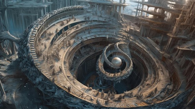 There is a very large spiral structure in the middle of a building generative ai