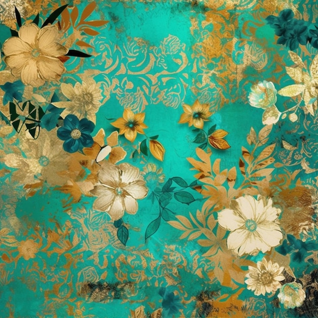 There is a very pretty floral pattern on this green background generative ai