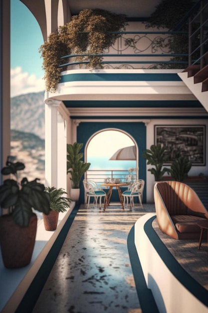 There is a view of balcony with couch and chairs generative ai