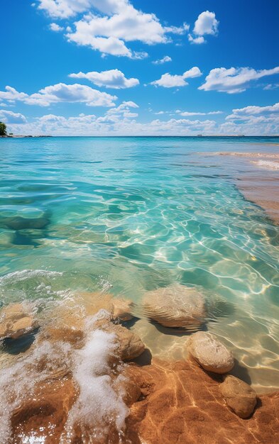 There is a view of a beach with clear water and rocks generative ai