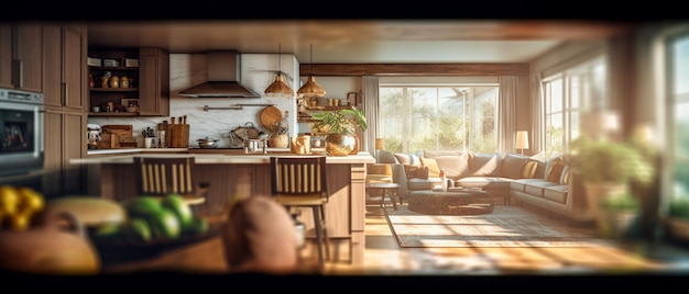 there is a view of a kitchen and living room from a window generative ai