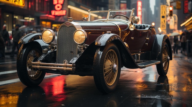 there is a vintage car driving down the street in the rain generative ai