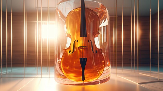 Foto c'è un violino in una custodia di vetro con una luce che splende attraverso di esso generativo ai