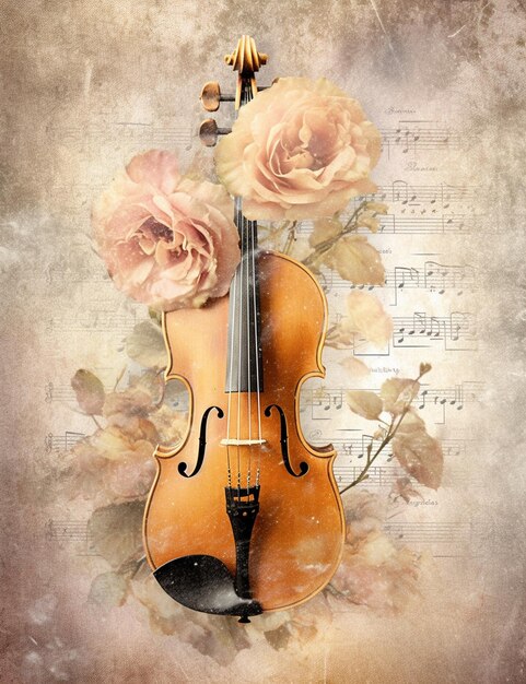 there is a violin and roses on a sheet of music generative ai