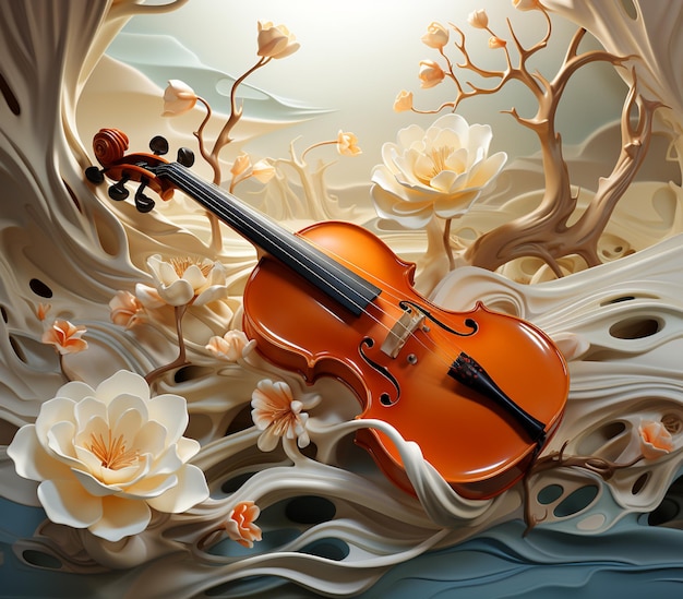There is a violin sitting on a table with flowers and a curtain generative ai