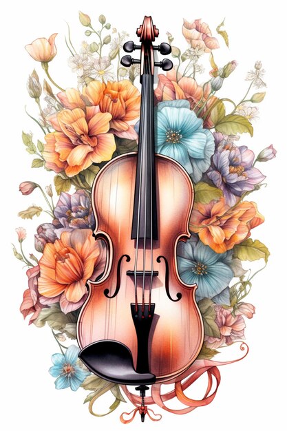 There is a violin with a bow and flowers on the back generative ai