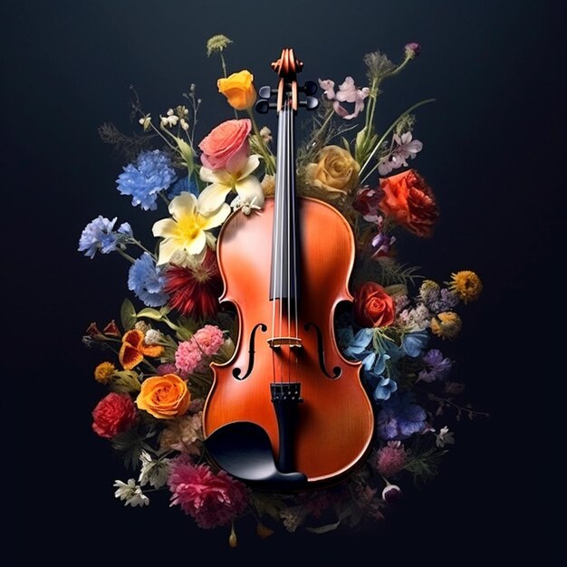 Photo there is a violin with a bow and flowers on the back generative ai
