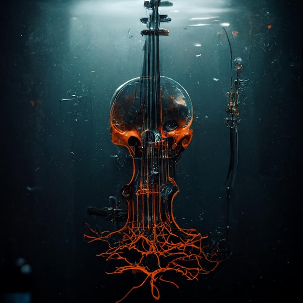 Photo there is a violin with a skull on it in the water generative ai