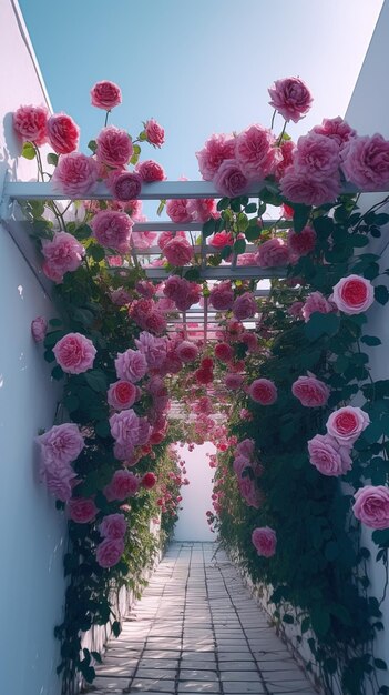 there is a walkway with pink flowers growing on it generative ai