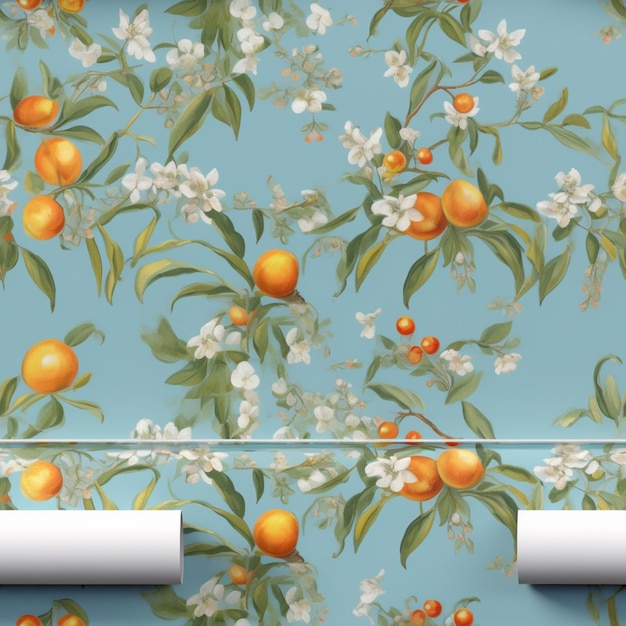 There is a wallpaper with oranges and white flowers on it generative ai