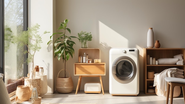 there is a washer and dryer in a room with a window generative ai